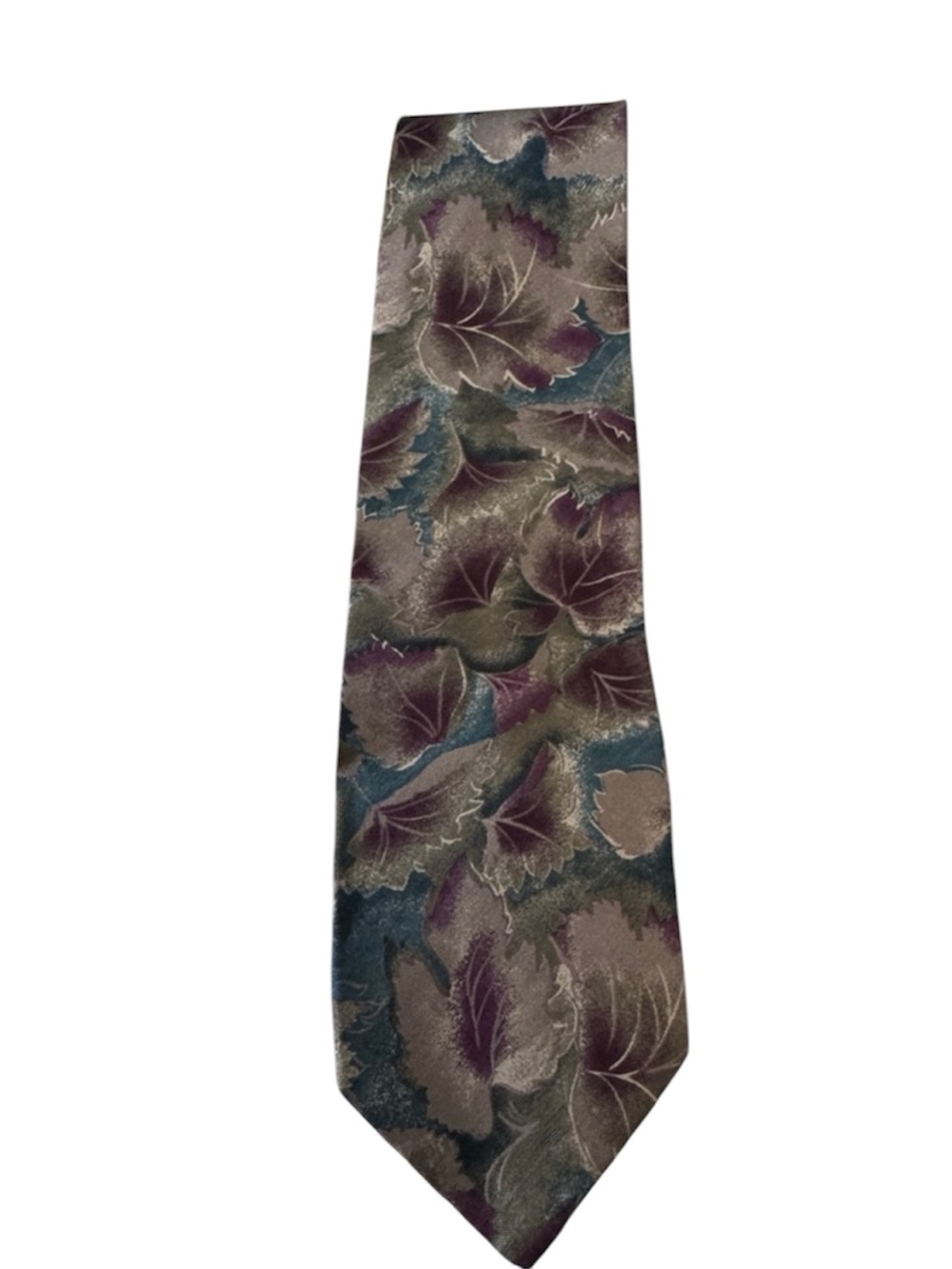 Vintage Dior Men's Tie in Olive, Teal & Burgundy Leaf Pattern